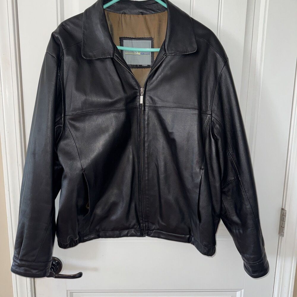 Vintage Y2K Leather Jacket Mens Large Black Bomber Full Zip Lined Classic Soft